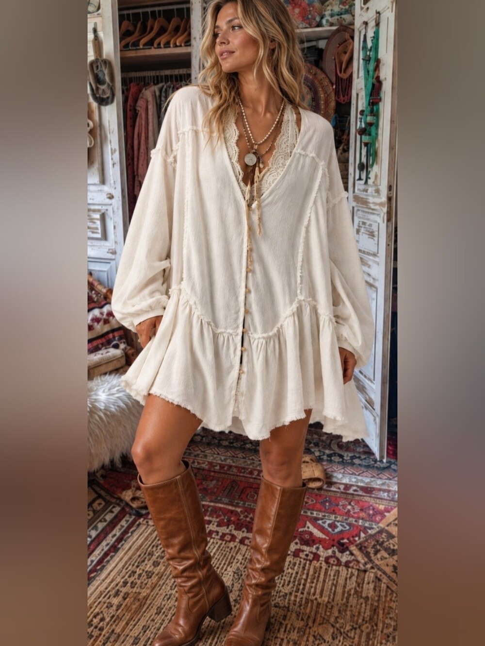 Bohemian Free Style Boho Cream Peasant Button-Front Tunic Top Shirt Dress L
